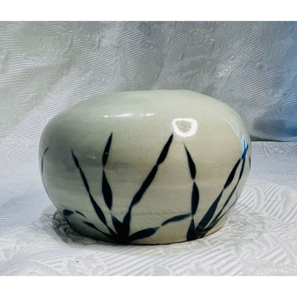 Pottery Vase Round Gray Blue Grass Narrow Opening Studio 3.25”H Signed BP